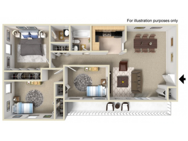 Floor plan for 3 beds, 1.5 baths, 1000 sqft